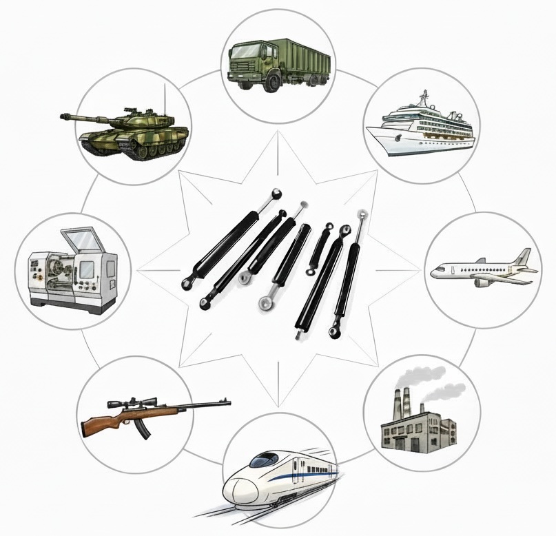 Industrial gas spring cylinder
Gas spring rod and end fitting
Black coated gas spring
Gas spring mounting options